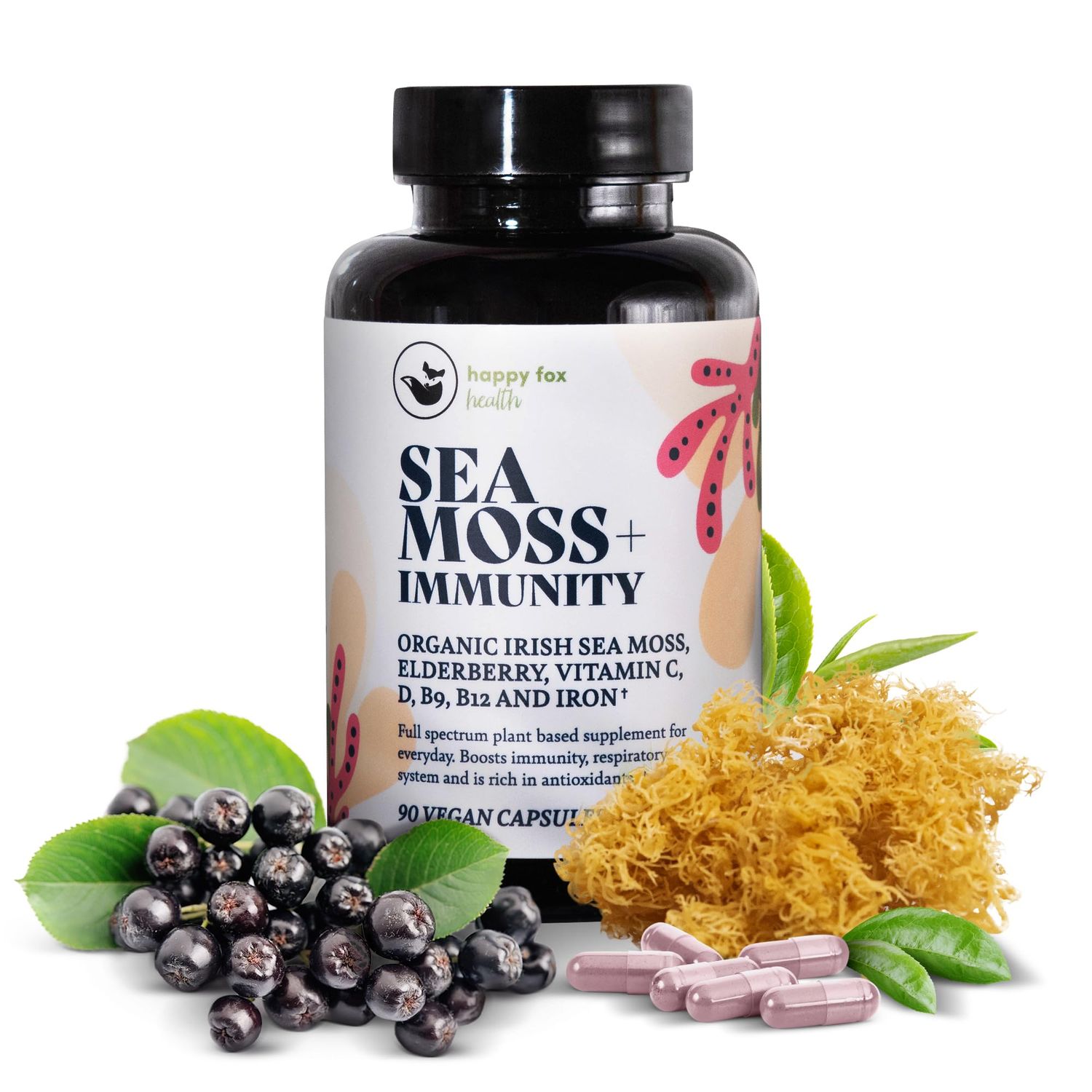 HAPPY FOX Irish Sea Moss Capsules with Sambucus Black Elderberry - Immune Support Vitamins C, D3, B9, B12, Iron, Organic Seamoss Pills, USA Made