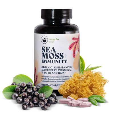 HAPPY FOX Irish Sea Moss Capsules with Sambucus Black Elderberry - Immune Support Vitamins C, D3, B9, B12, Iron, Organic Seamoss Pills, USA Made