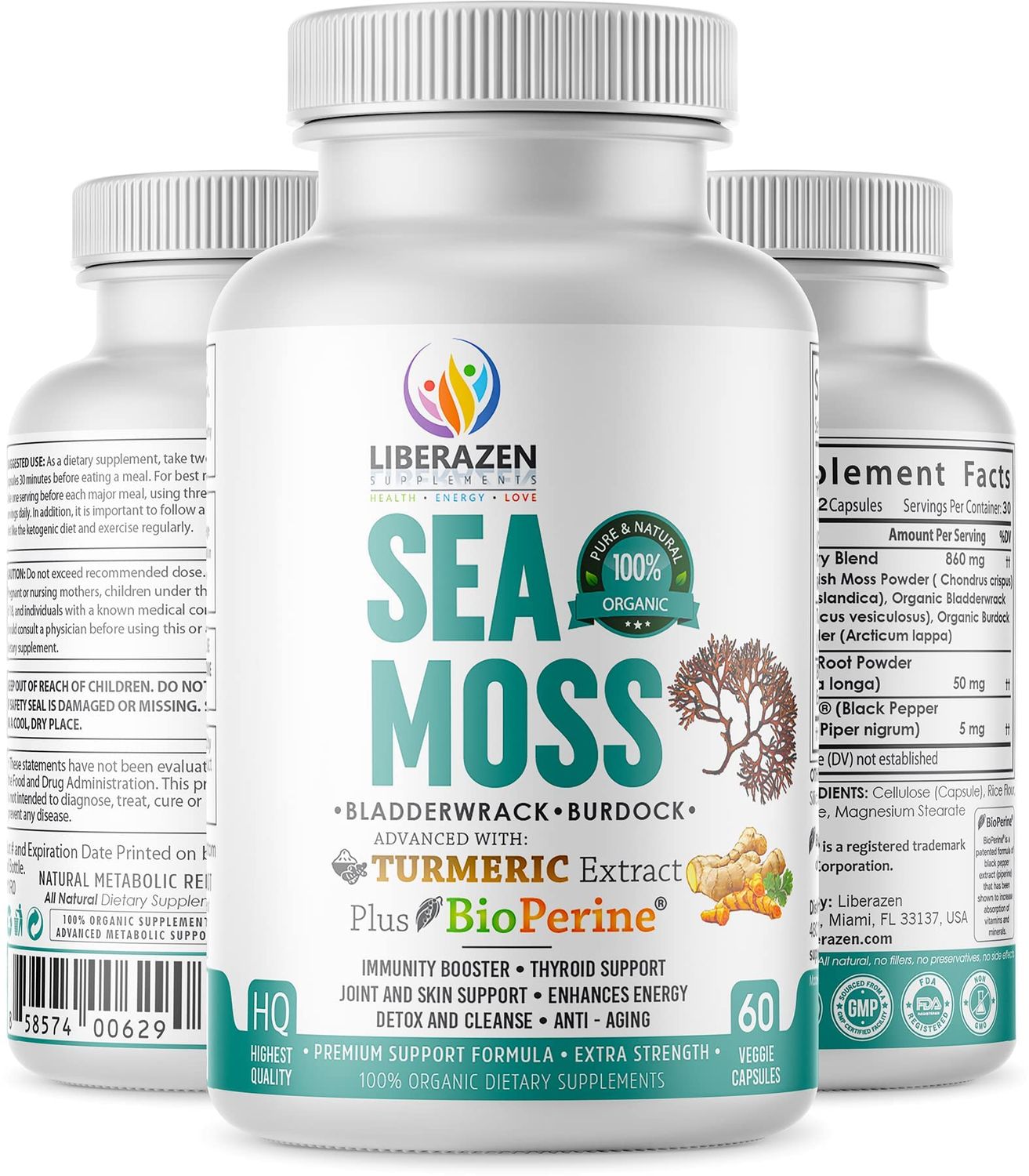 Organic Irish Sea Moss Pills - Wildcrafted Dr Sebi Inspired Seamoss Blend with Turmeric, Burdock Root Bladderwrack, Enhanced with Black Pepper - 60 Capsules