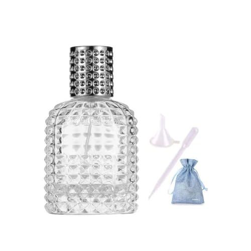JJKMALL 50ml1.7oz Refillable Perfume Atomizer Bottle - Thick Clear Glass, Fine Mist Spray for Luxury Fragrances Aftershaves (Includes Funnel, Dropper, Storage Bag)