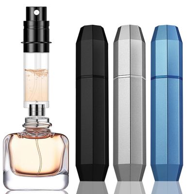 DIOHIO 5ml Perfume Atomizer Travel Refillable,Mini Cologne Dispenser, Bottom-Filling Fragrances Perfumes Bottle,Portable Sprayer Pocket Size for Women Men Cruise Car Trip Gift 3pcs (Black-Grey-Blue)