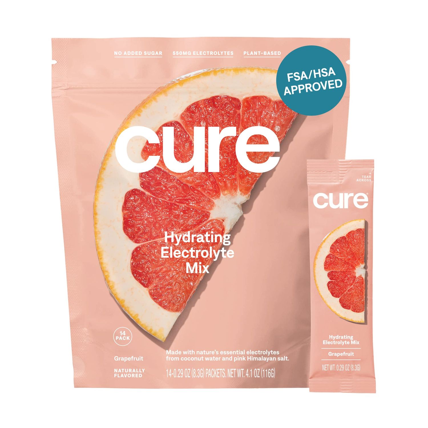 Cure Hydration Plant Based Electrolyte Mix Powder for Dehydration Relief Made with Coconut Water No Added Sugar FSA HSA Vegan Paleo Friendly Pouch of 14 Packets - Grapefruit