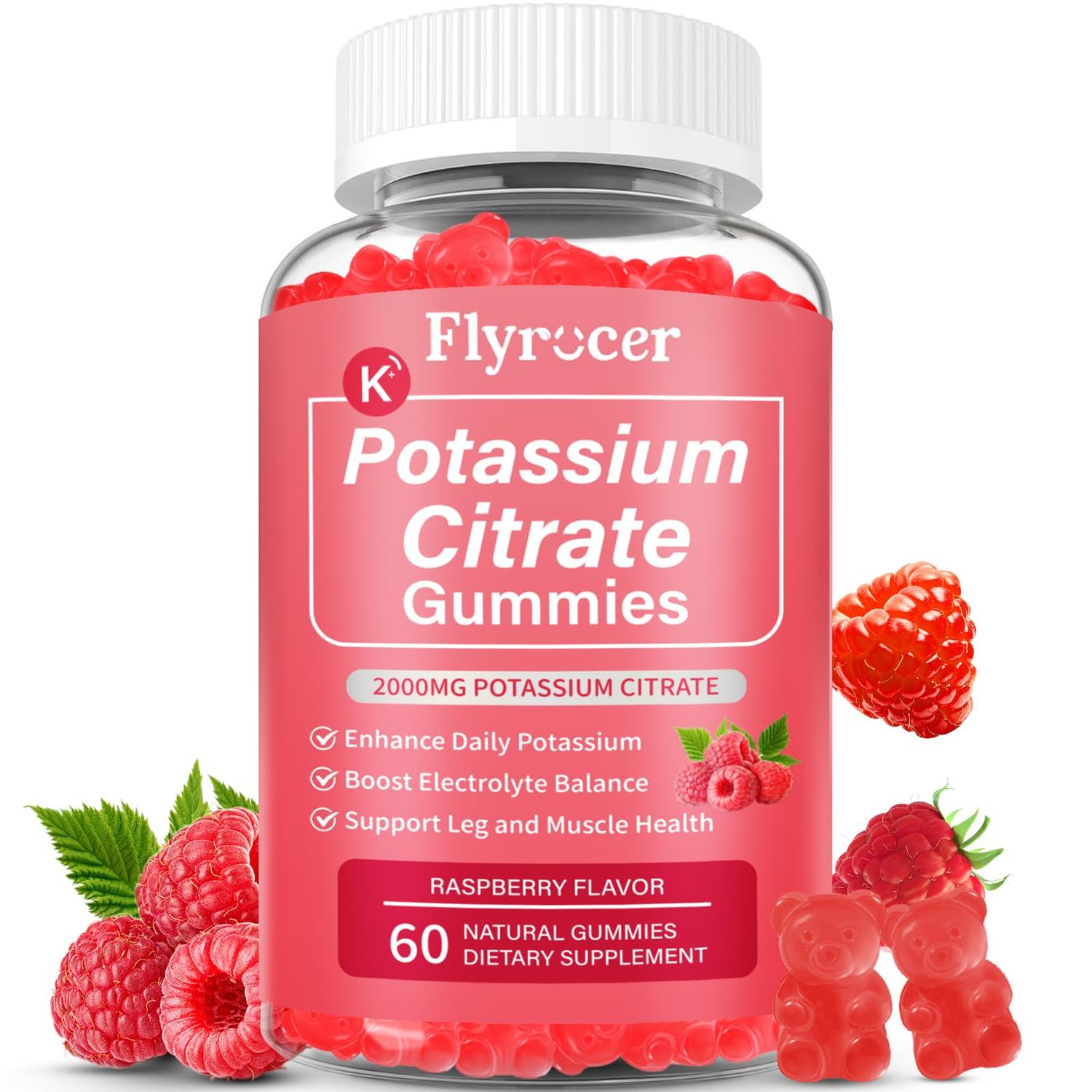 Potassium Citrate Gummies for Adults Men Women, Potassium Supplement for Support Leg Cramps, Muscle Health Electrolyte Balance, Vegan, Raspberry Flavor, 60 Count