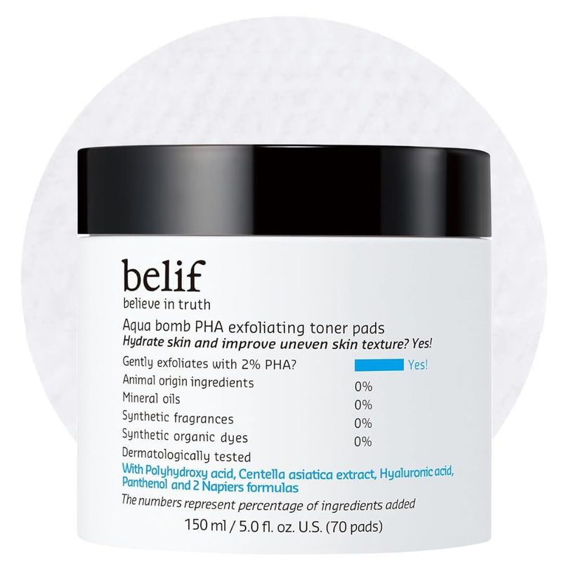 belif PHA 2 Toner Pads - Gentle Exfoliating Facial Polish for Pore Care, Hydrating Soothing with Panthenol CICA, Double-Sided Texture, Ideal for Sensitive Skin, Korean Skincare (70 Pads)