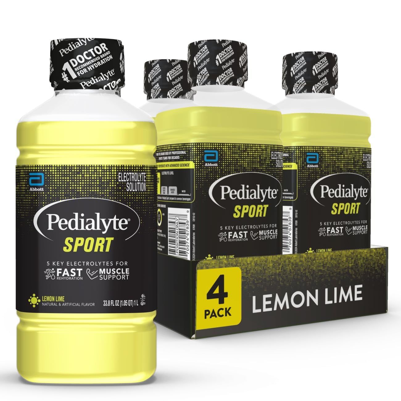 Pedialyte Sport Electrolyte Drink, Fast Hydration with 5 Key Electrolytes for Muscle Support Before, During, After Exercise, Lemon Lime, 1 Liter, Pack of 4