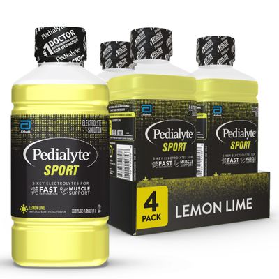 Pedialyte Sport Electrolyte Drink, Fast Hydration with 5 Key Electrolytes for Muscle Support Before, During, After Exercise, Lemon Lime, 1 Liter, Pack of 4