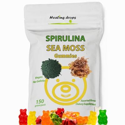 HEALING DROPS Spirulina Gummies Sea Moss Gummies - Superfood Supplement for Overall Wellness - Spirulina Sea Moss Gummy Bears Made with Blue-Green Spirulina Powder Sea Moss Extract