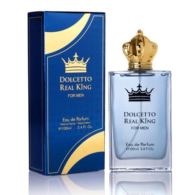 Dolcetto Real King Eau De Parfum for Men woody Aromatic Fragrance - Citrus Notes Pimento Essence with Masculine Base - Blend of Spicy Pepper, French Lavender Haitian Vetiver - 100ml Bottle