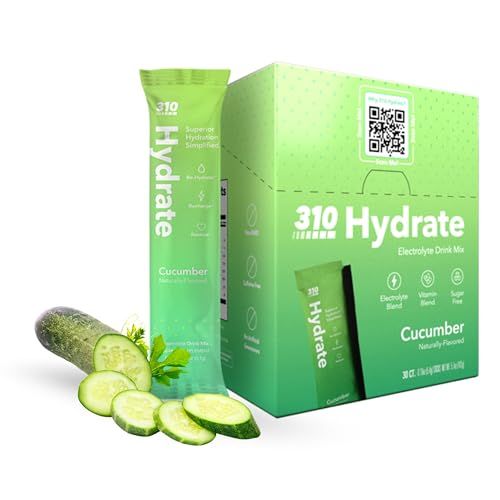 310 Hydrate Cucumber Electrolytes Powder Packets - No Sugar Hydration Packets with Key Vitamins Minerals - Keto Friendly - Tasty Sugar Free Electrolyte Drink - 30 Single Servings