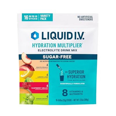 Liquid I.V. Hydration Multiplier Sugar-Free - Raspberry Melon, Lemon Lime, White Peach, Green Grape Electrolyte Powder Drink Mix 1 Pack (16 Servings)