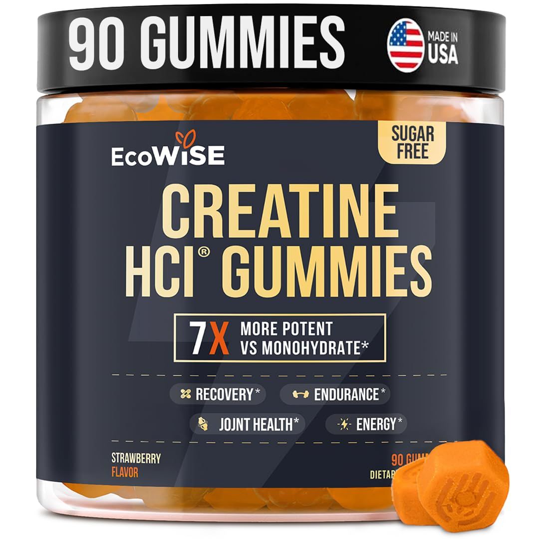 EcoWise Wellness Creatine HCL Gummies 750mg, Chewable Gummies for Men Women, Sugar-Free, Vegan, HCL Creatine for Active Lifestyle, Strawberry Flavor, 90 Count