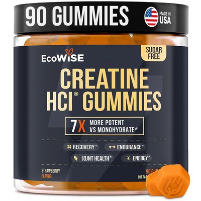 EcoWise Wellness Creatine HCL Gummies 750mg, Chewable Gummies for Men Women, Sugar-Free, Vegan, HCL Creatine for Active Lifestyle, Strawberry Flavor, 90 Count