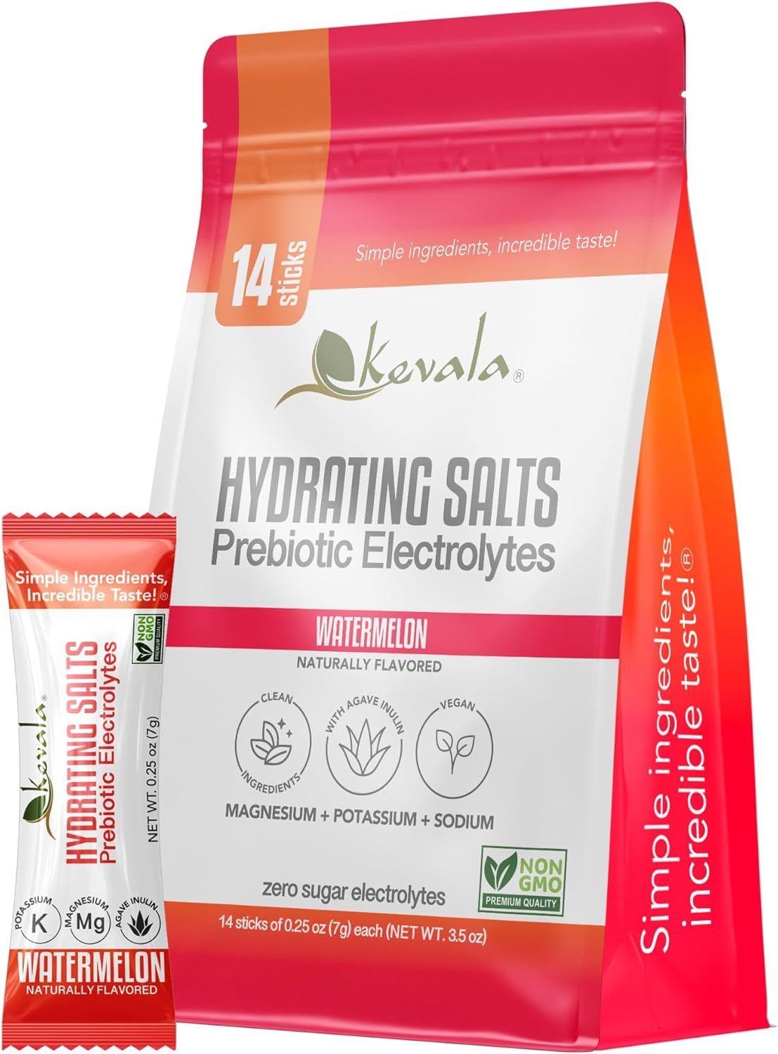 kevala Hydrating Salts Prebiotic Electrolytes - Watermelon - Zero Sugar - with Agave Inulin - 14 Count Hydration Packets - Powder Drink
