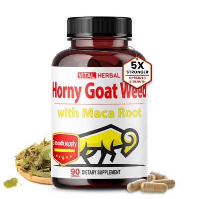Vital Herbal Horny Goat Weed Capsules for Maximum Strength with Maca Root Tribulus Ashwagandha Tongkat Ali Panax Ginseng for Men Women, Boost Energy (90 Count (Pack of 1))