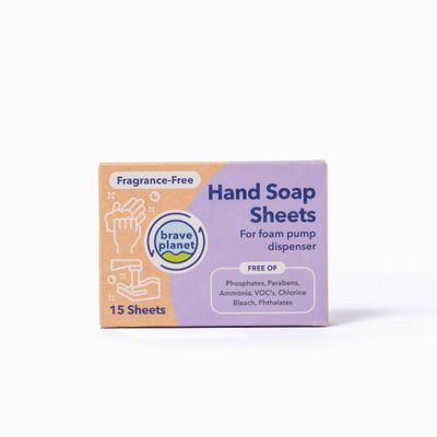 Brave Planet Foaming Hand Soap Refills - Eco-Friendly Fragrance-Free Sheets that are Biodegradable - Just Add Water to Dissolve Refill 3-5 Bottles or Use Individually for Travel or Camping - 15 Ct
