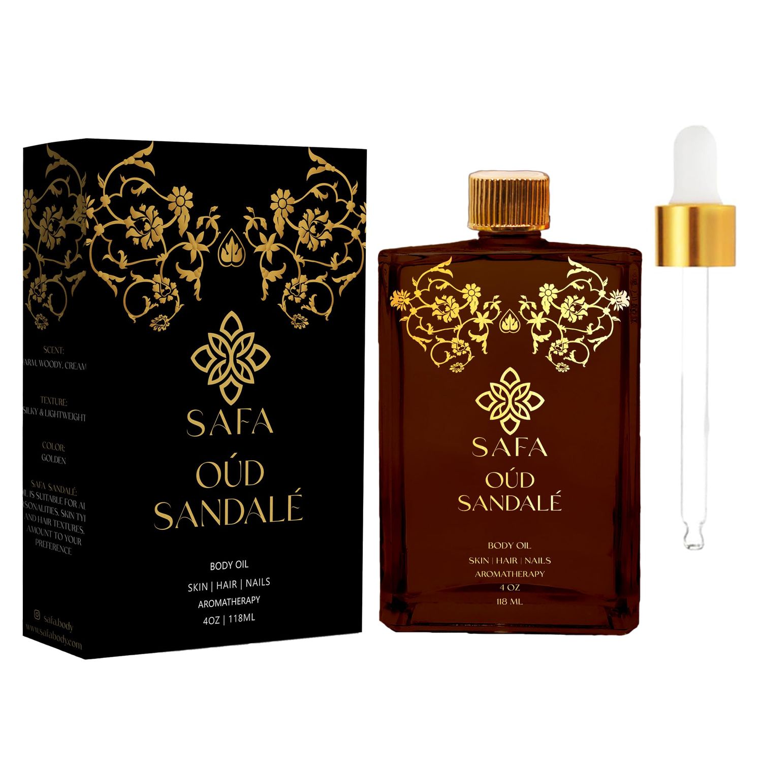 SAFA Oud Sandal Oil - Organic Oud Sandalwood Essential Oil for Hair, Body, Face Nails - Arabian Perfume Oil for Women Men - Strong Long Lasting Fragrance - 4 Fl Oz