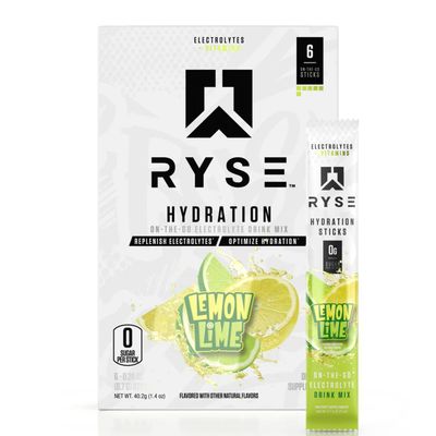 Ryse Hydration Electrolyte Powder Drink Mix Packets - Lemon Lime - Sugar-Free Full Spectrum Electrolytes with Essential Vitamins, Taurine and Choline for Rehydration - 6 Serving Sticks