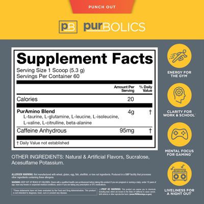 Purbolics Aminos Energy Supports Recovery, Energy Focus 95mg of Caffeine, 0 Sugar 60 Servings (Punch Out)