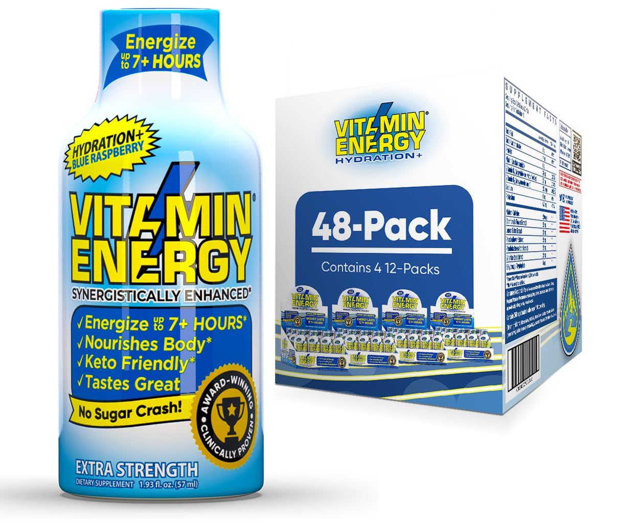 Vitamin Energy Hydration Energy Shot - Blue Raspberry - Electrolytes, BCAAs 260mg Plant-Based Caffeine - Zero Calories, Sugar-Free, Vegan - Hydration Performance Support - 1.93 fl oz, 48-Pack