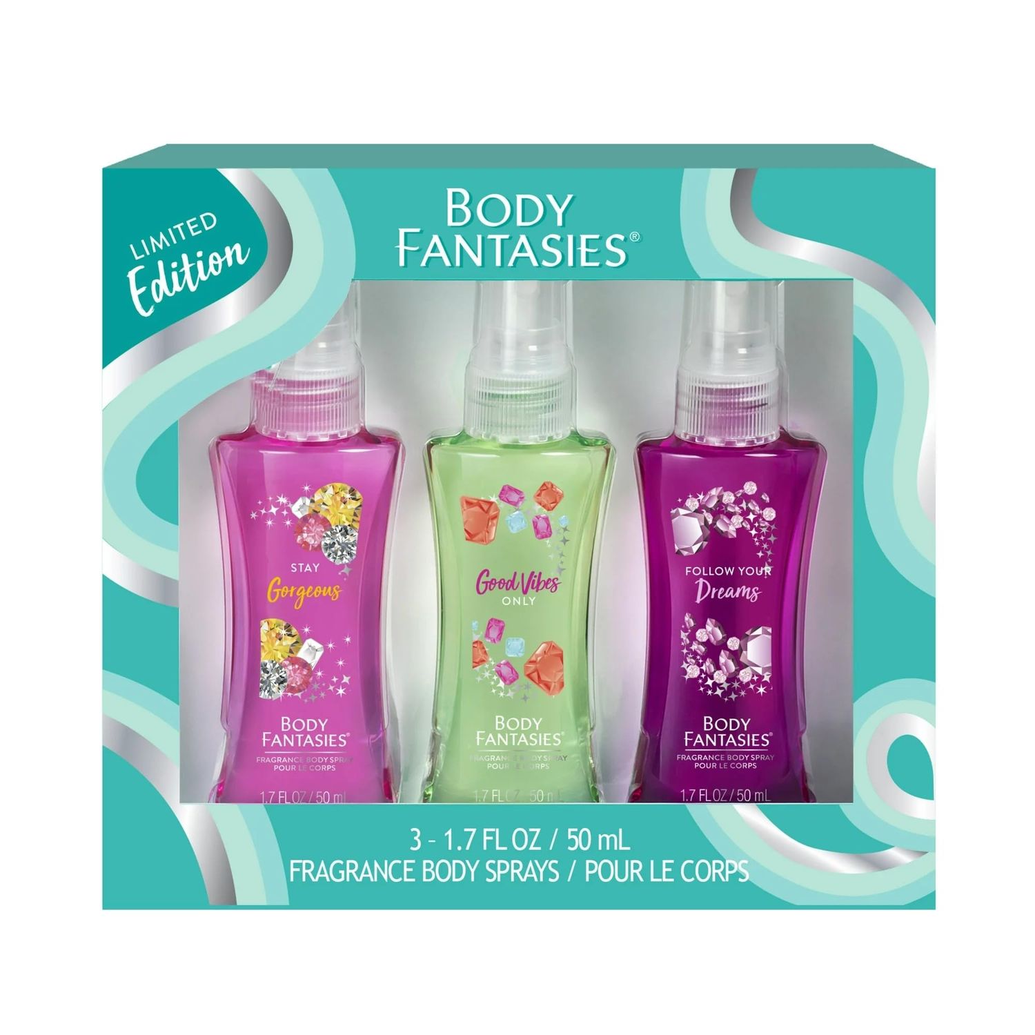 Body Fantasies (1) Box Fragrance Body Sprays 3pc Limited Edition Set - Scents Stay Gorgeous, Good Vibes Only, Follow Your Dreams - 1.7 fl oz each Spray Bottle