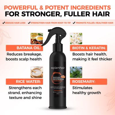 Replenhair Rice Water Batana Hair Growth Spray - Leave In Conditioner Infused with Batana Oil Essential Oil for Hair Growth, Reduces Hair Fall, Dandruff Promotes Thicker Hair - 250ml