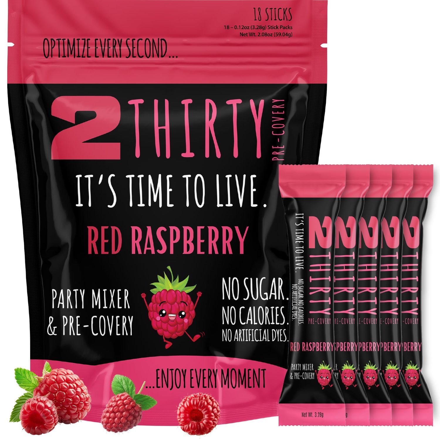 2THIRTY Hydration Precovery Mixer No Sugar, Zero Calories Electrolyte Powder Packets Vitamin B12, Aminos Natural Herbs (18 Pack, Red Raspberry)