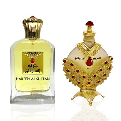 KHADLAJ PERFUMES Hareem Al Sultan Gold 2-Piece Gift Set for Unisex, (2.5 Oz Eau De Parfum Spray 1.18 Oz concentrated perfume oil)
