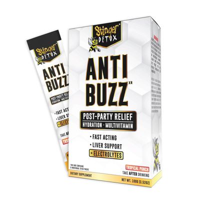 Stinger Detox Anti-Buzz Post-Celebration, Hydration Multivitamin Packet Drink Mix DHM, VIT. B Complex, Riboflavin, Niacin Electrolytes Tropical Punch 1 Pack (6 Servings)