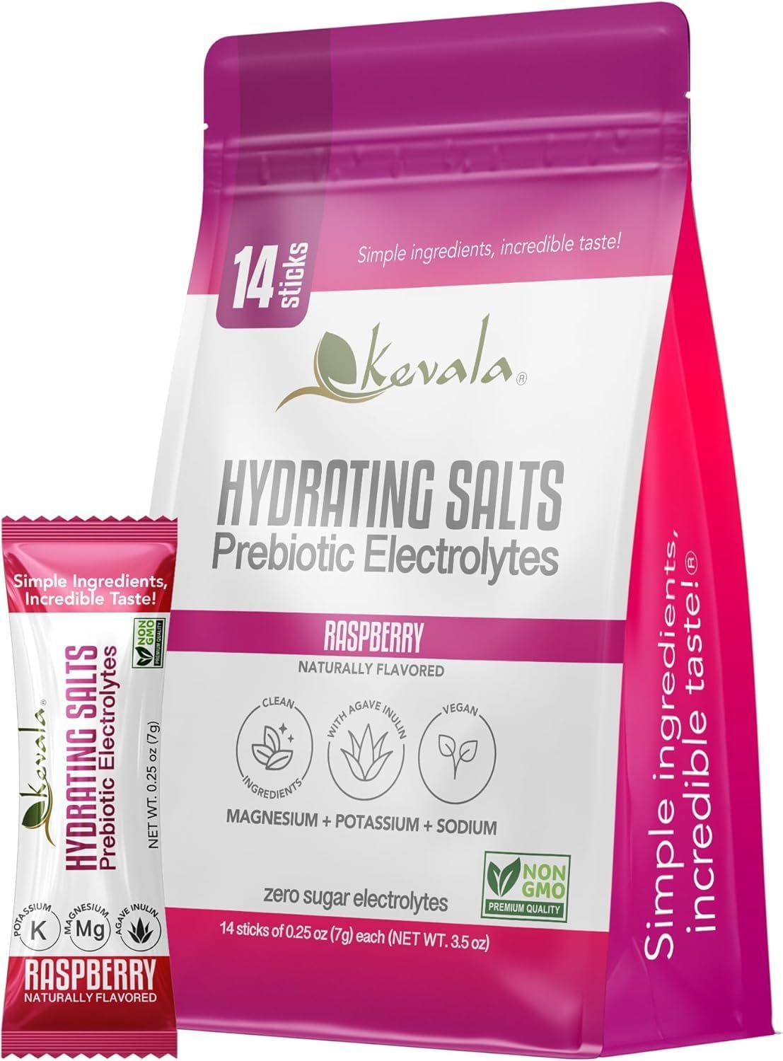 kevala Hydrating Salts Prebiotic Electrolytes - Raspberry - Zero Sugar - with Agave Inulin - 14 Count Hydration Packets - Powder Drink