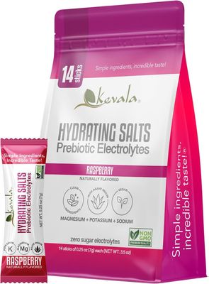 kevala Hydrating Salts Prebiotic Electrolytes - Raspberry - Zero Sugar - with Agave Inulin - 14 Count Hydration Packets - Powder Drink