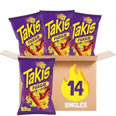 Takis Fuego 14 ct, 9.9 oz Sharing Size Case, Hot Chili Pepper Lime Flavored Extreme Spicy Rolled Tortilla Chips