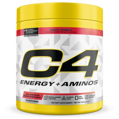 Cellucor C4 Energy Aminos Powder 5g BCAAs EAAs for Muscle Recovery, 3 Electrolytes for Hydration, 100mg Natural Caffeine Pre Workout Zero Sugar, 30 Servings, Fruit Punch