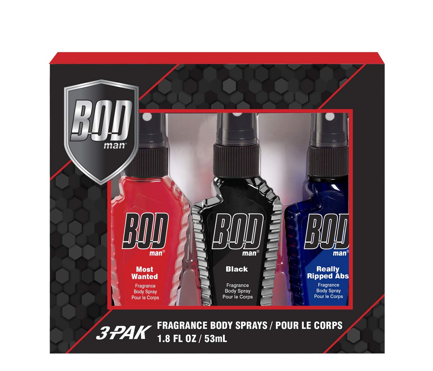 BOD man Variety Fragrance Body Spray Trio Gift Set Featuring Black, Most Wanted, and Really Ripped Abs, 3x 1.8oz, 5.4 ounces