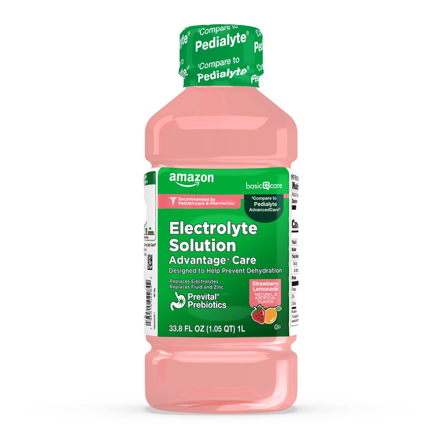 Amazon Basic Care Advantage Care Electrolyte Solution with Prevital Prebiotics, Strawberry Lemonade, Hydration Drink, Replenish Electrolytes, Fluid Zinc, 33.8 fl oz (Pack of 1)