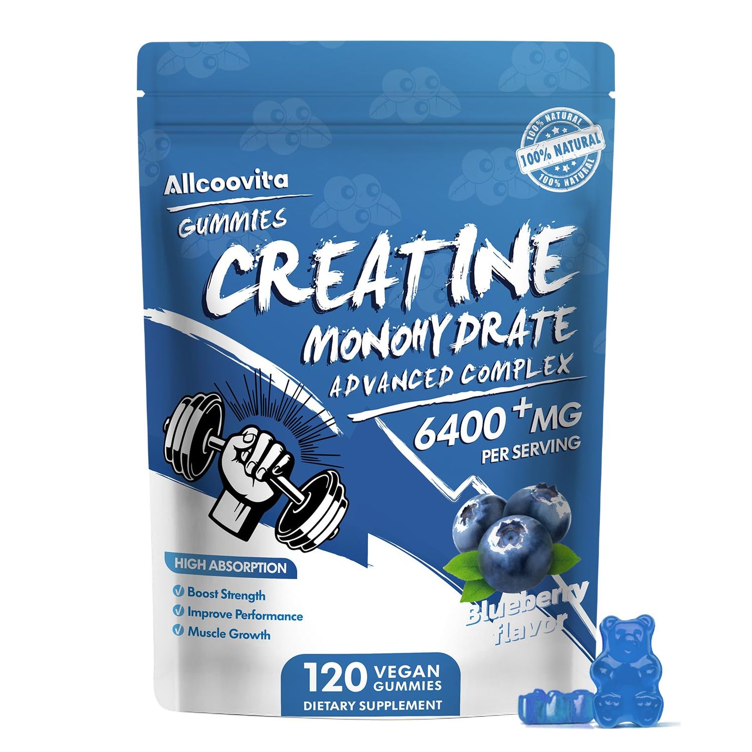 Creatine Monohydrate Gummies Complex for Men Women - 120 Gummies Advanced Formula, L-Taurine Vitamin B12 for Muscle Strength, Muscle Builder, Energy Boost, Pre-Workout Supplement -Blueberry