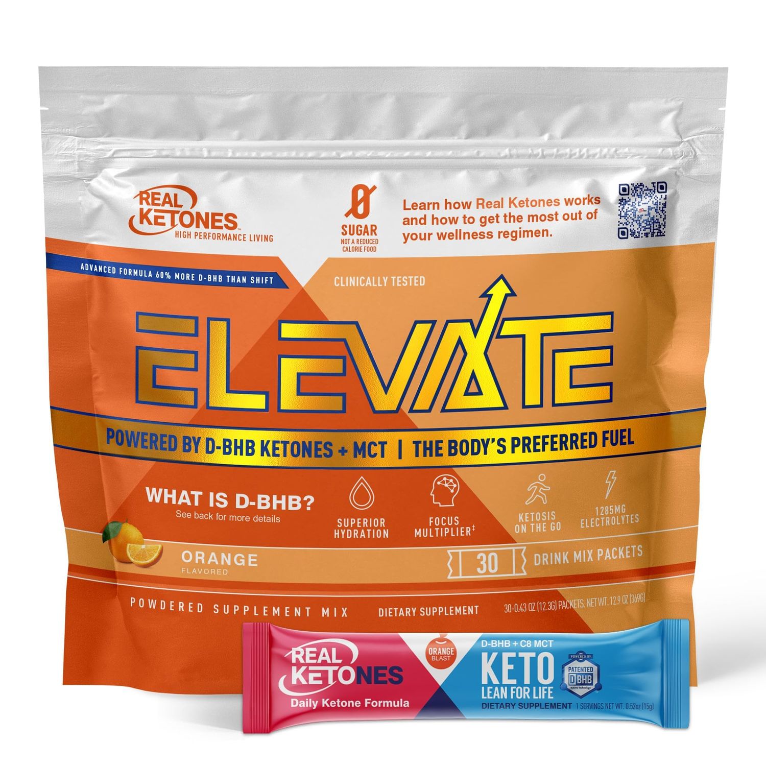 Real Ketones MCT BHB Exogenous Ketones Drink Mix Packets Elevate Keto Electrolytes Powder Packets No Sugar with 4 Main Electrolytes Plus Hydrating Proprietary Keto BHB - 30 Pack Orange