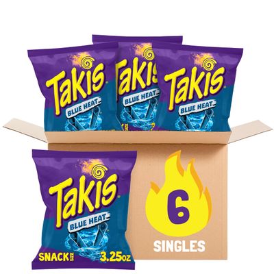 Takis Blue Heat 6 pc 3.25 oz Snack Size Case, Hot Chili Pepper Flavored Extreme Spicy Rolled Tortilla Chips