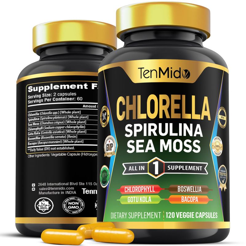 Tenmido Organic Chlorella Supplement for Men and Women, 7in1 Formula with Spirulina, Sea Moss, Chlorophyll, Gotu Kola, Boswellia Bacopa - Immune Support - Rich in Nutrient, Vitamins - 120 Capsules
