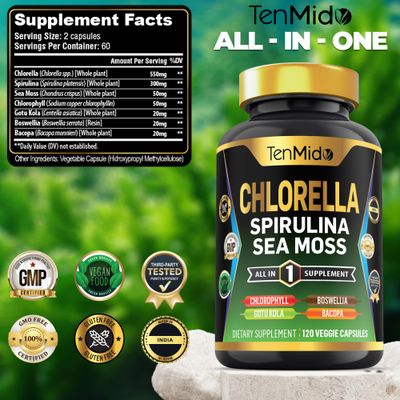 Tenmido Organic Chlorella Supplement for Men and Women, 7in1 Formula with Spirulina, Sea Moss, Chlorophyll, Gotu Kola, Boswellia Bacopa - Immune Support - Rich in Nutrient, Vitamins - 120 Capsules