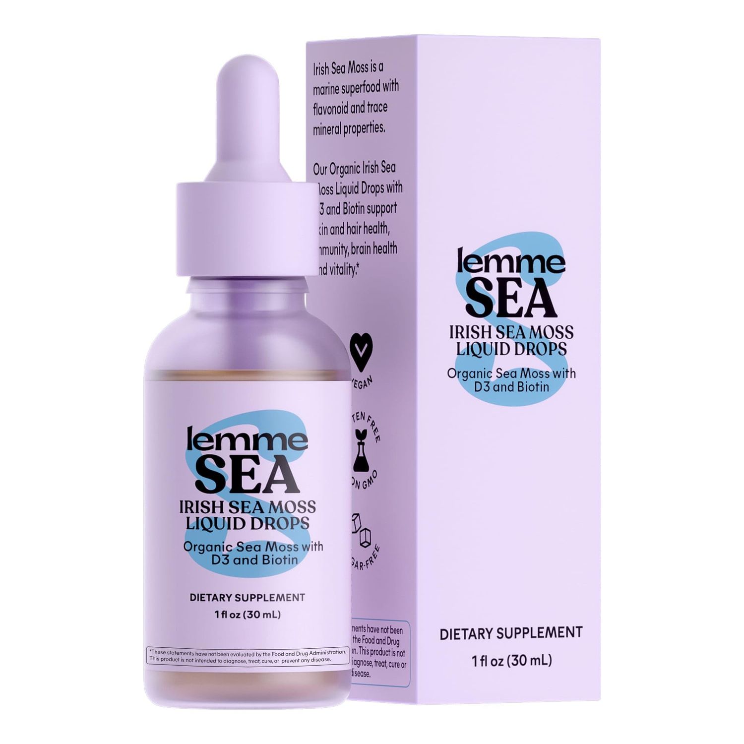 Lemme Irish Sea Moss Organic Liquid Drops with Vitamin D3 and Biotin for Trace Mineral Support, Immunity, Hair, Skin Nails, Brain Health - Gluten Sugar Free, Non GMO, 1 oz, 30 Servings