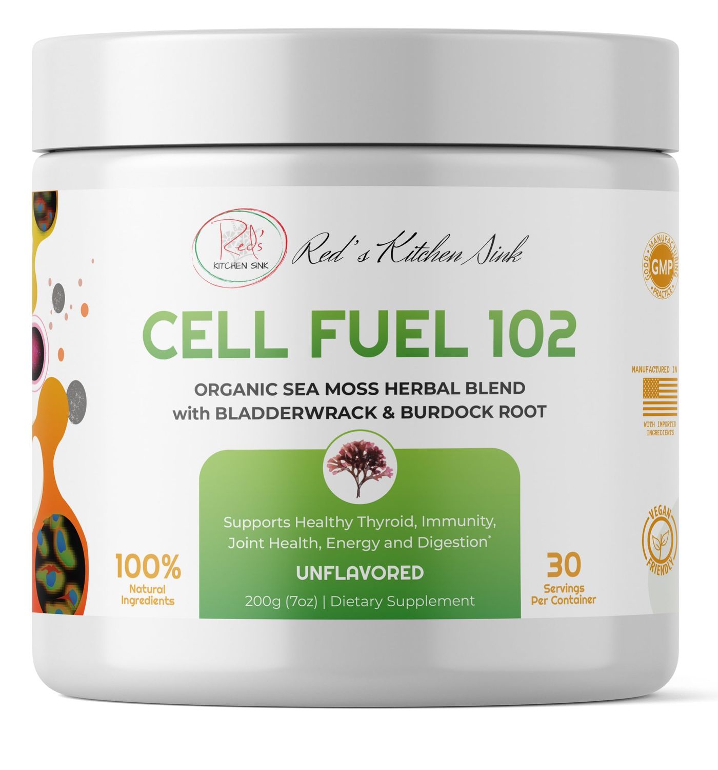Red&#39;s Kitchen Sink Cell Fuel 102 Sea Moss Powder Organic Sea Moss, Bladderwrack Burdock Root Herbal Blend - Dr. Sebi Inspired, Organic, 100 Natural - (7oz)