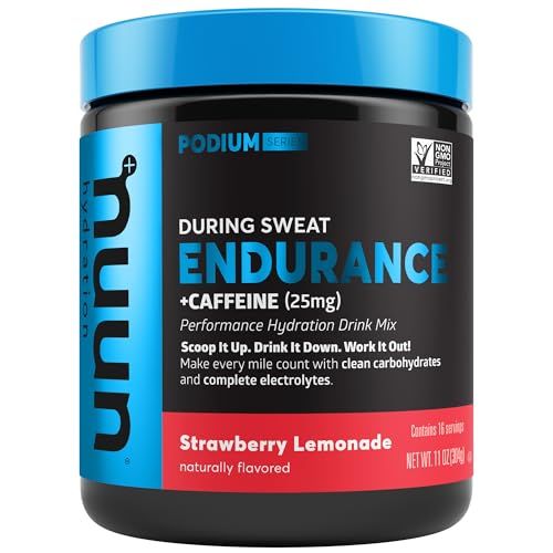 Nuun Hydration Endurance Powder, Strawberry Lemonade Caffeine, Workout Support, 5 Essential Electrolytes for Hydration Carbohydrates, Vegan, Non-GMO, (16 Servings - Canister)