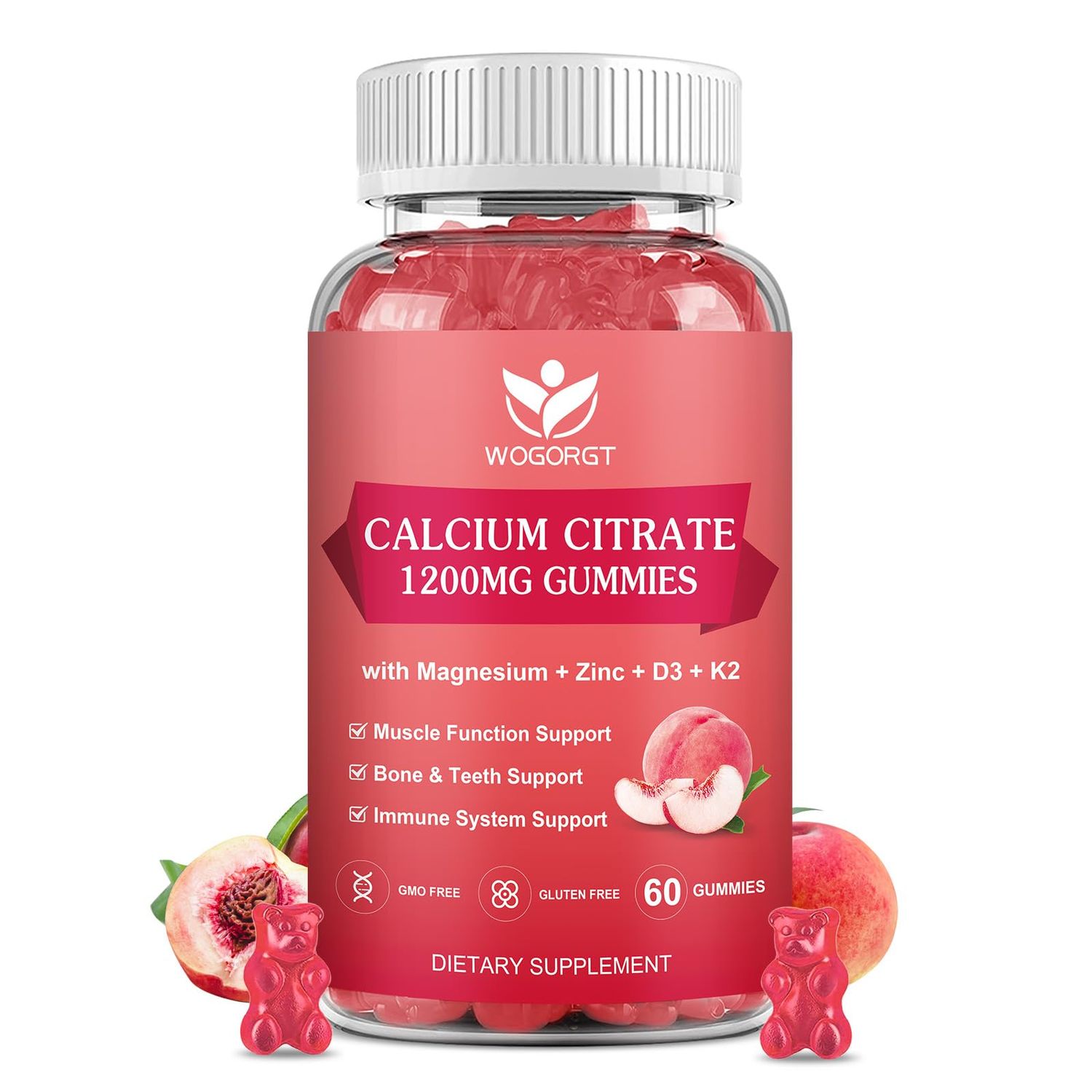 Calcium Citrate 1200mg Gummies with Vitamin D3 K2 - Chewable Calcium Magnesium Zinc d3 Supplement with Sea Moss Extract for Bone, Teeth, Immune Support for Women Men, White Peach Flavor - 60 Gummies
