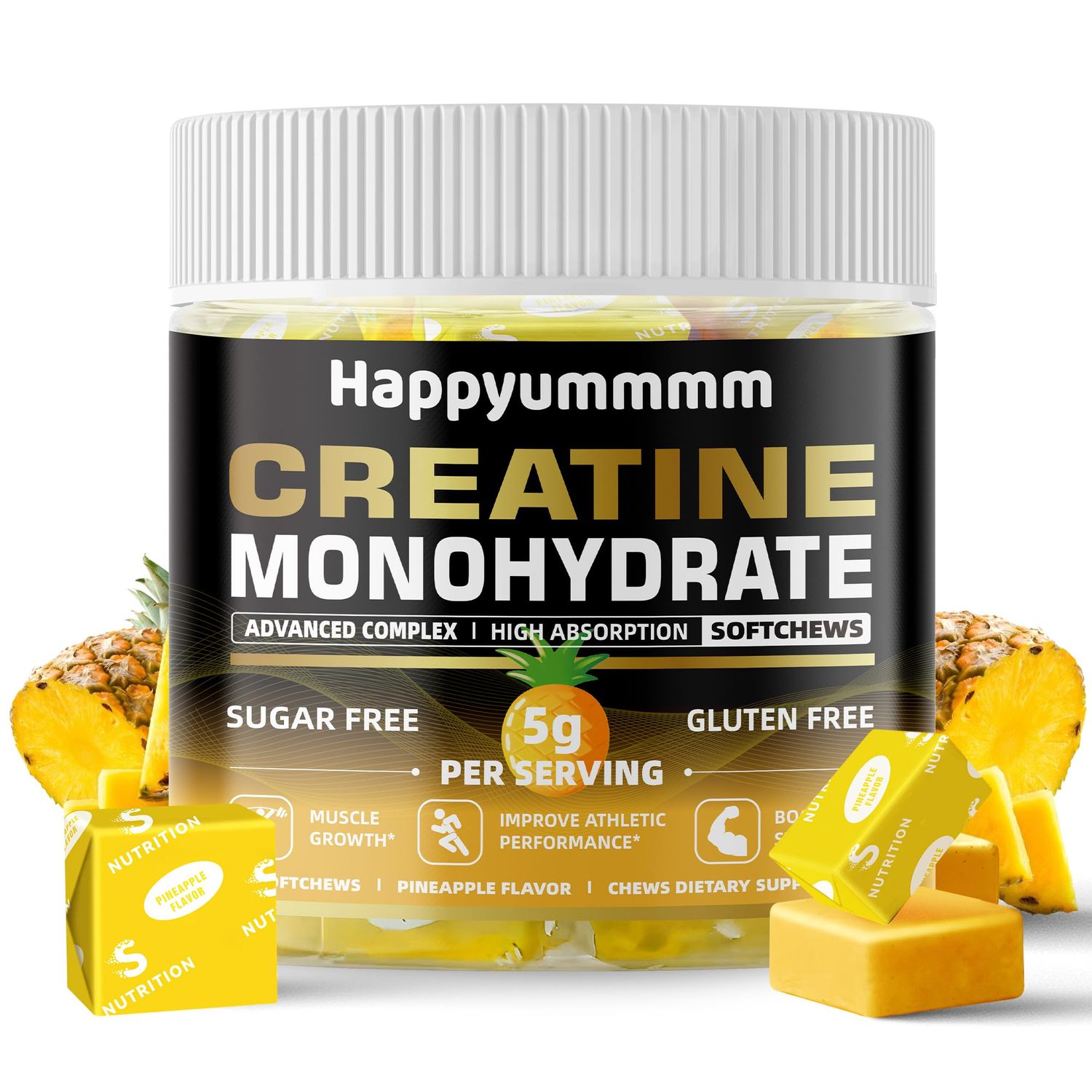 Happyummmm Creatine Monohydrate Soft Chews 5g for Men Women, Preworkout Gummy with Electrolyte for Muscle Growth, Strength Energy Support, Pineapple 60 pcs