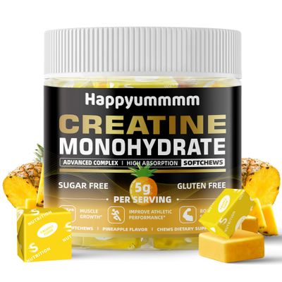 Happyummmm Creatine Monohydrate Soft Chews 5g for Men Women, Preworkout Gummy with Electrolyte for Muscle Growth, Strength Energy Support, Pineapple 60 pcs