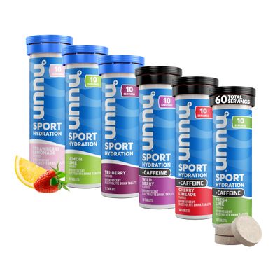Nuun Sport Caffeine Electrolyte Tablets - Dissolvable in Water, Variety Pack 5 Essential Electrolytes for Hydration 1g Sugar Drink Mix Vegan, Non-GMO 6 Pack (60 Total Servings)