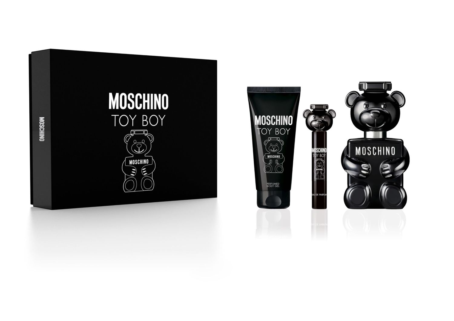 MOSCHINO Toy Boy 3 pcs Men&#39;s Perfume Gift Set - 3.4 Oz EDP Spray 3.4 Oz Shower Gel 10ml Mini EDP Travel Spray - HARD GIFT BOX SET