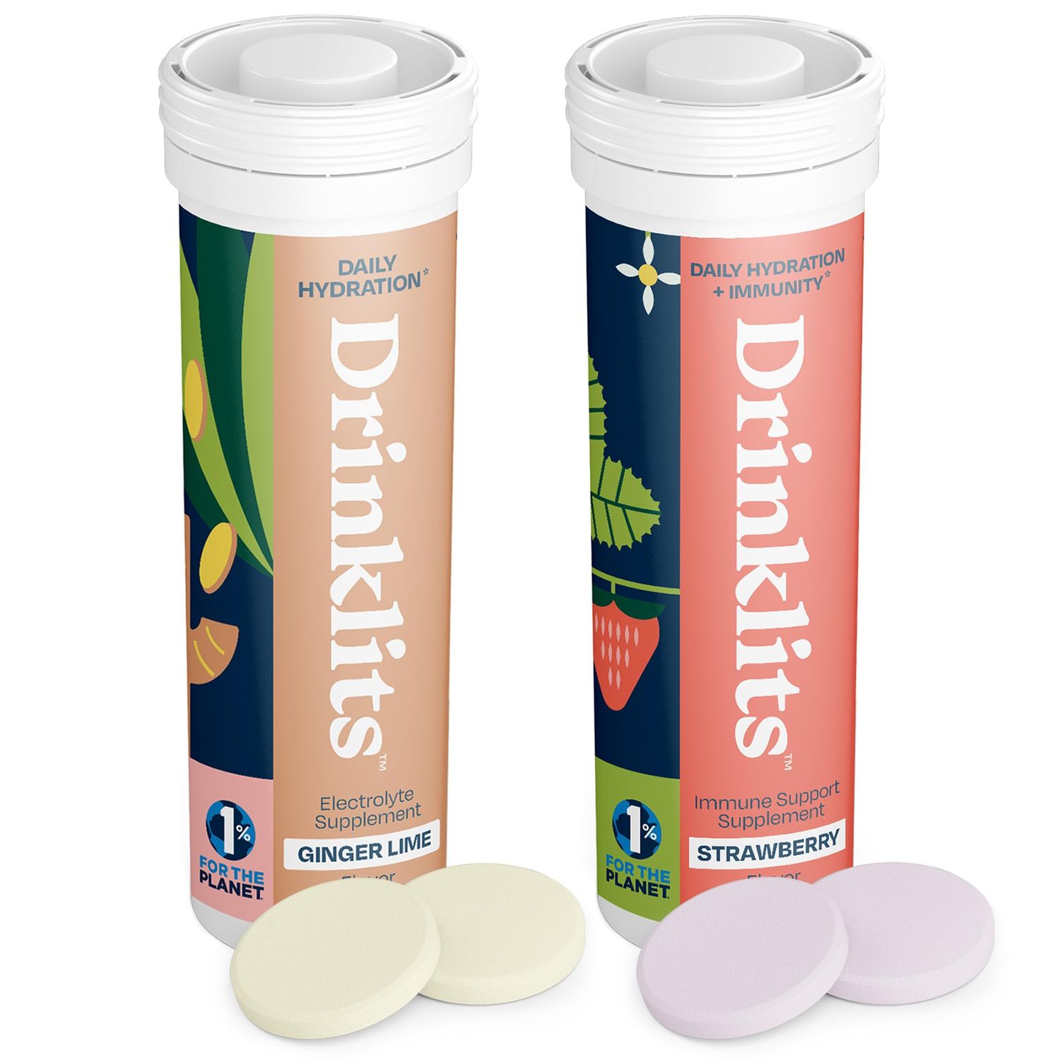 Drinklits Ginger-Lime Electrolyte Hydration Strawberry Immunity Tablets (2) Tube Combo Pack Great Taste - Gluten Free - Daily Use 20 Servings (10 Tablets Per Tube)