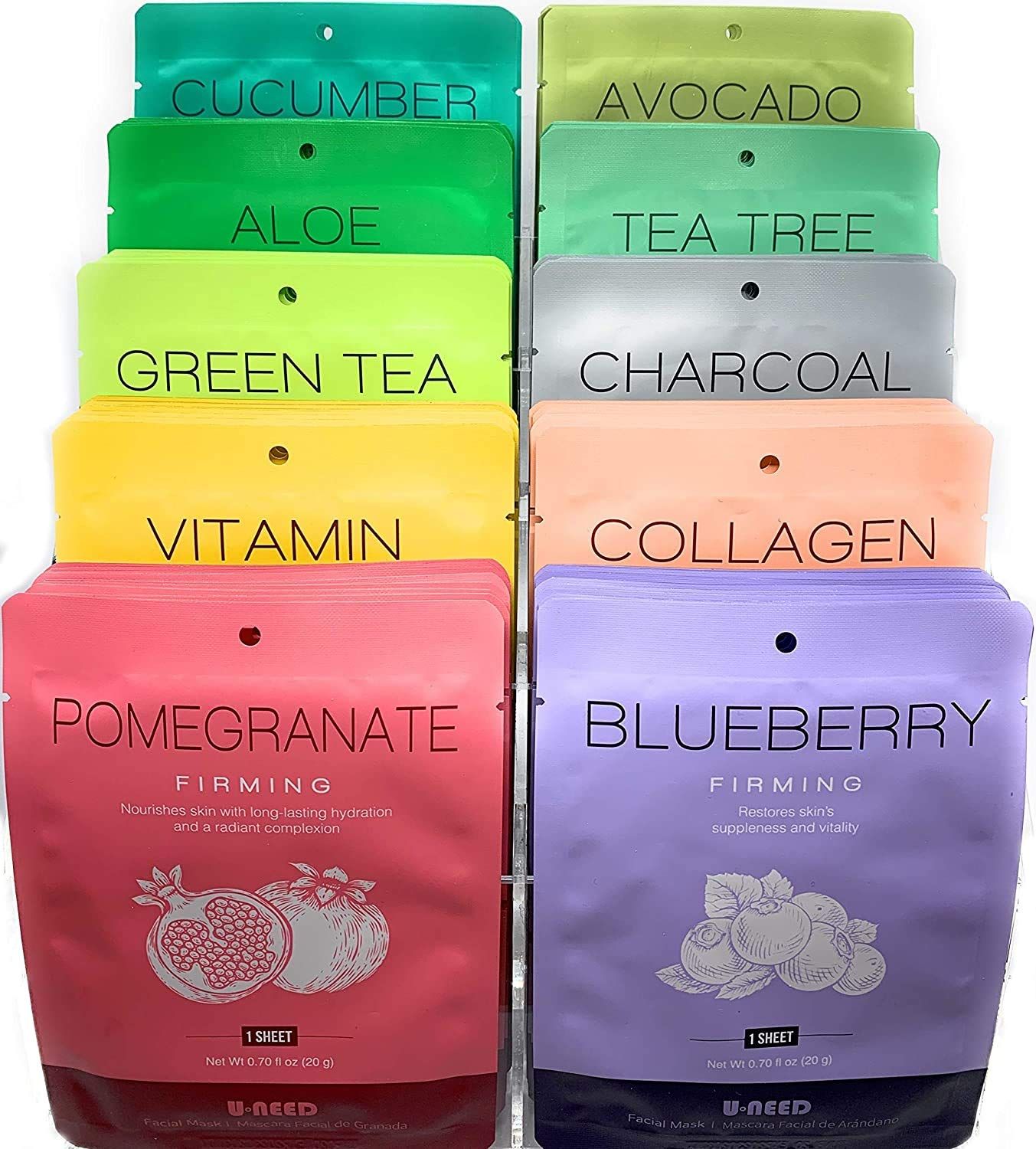 U-NEED 100 Combo Pack Korean Face Sheet Mask, 10 Types x 10 pcs, Tencel Facial Mask Sheet, Moisturizing, Made in Korea