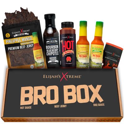 Elijah&#39;s Xtreme Sweet Bro Box - Ultimate Men&#39;s Snack Box Variety Pack: Food Box with - Beef Jerky, Hot Sauce, Hot Honey, BBQ Sauce, and Koozies